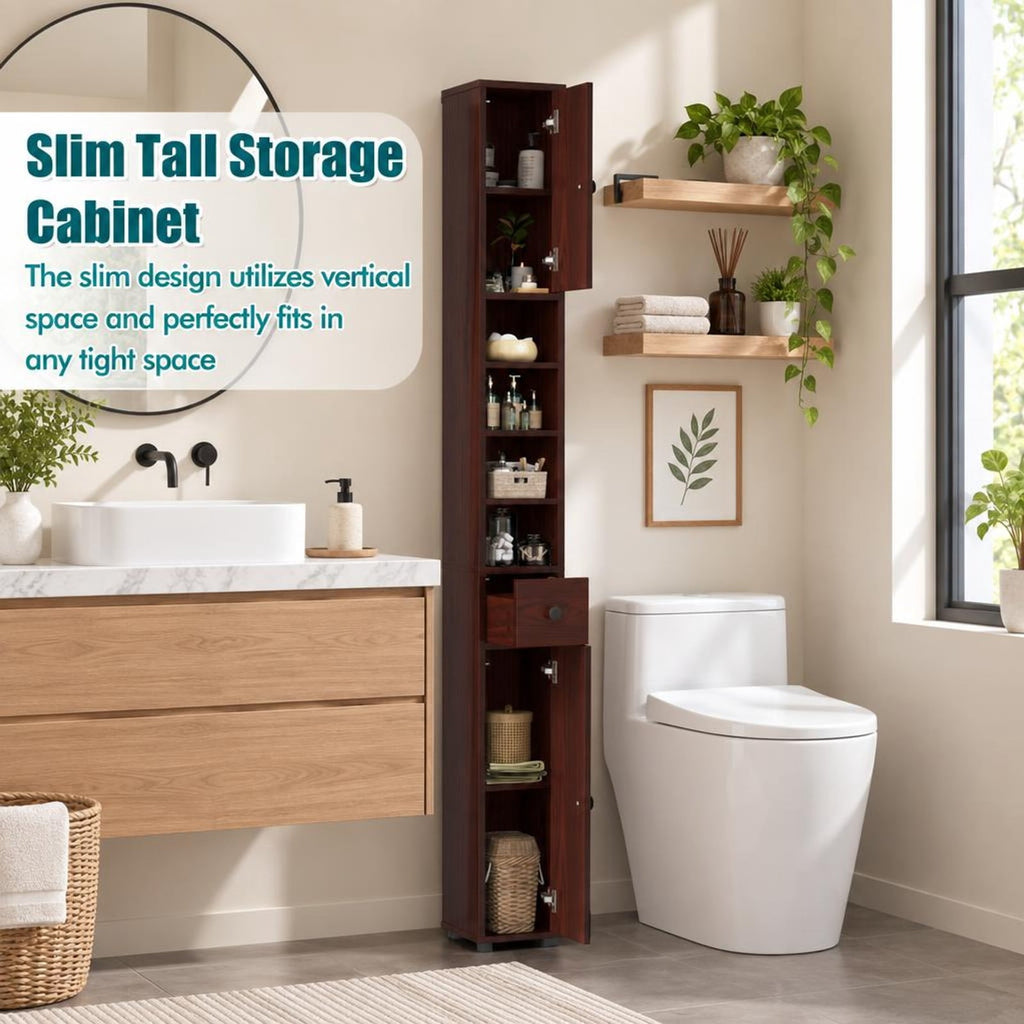 Airfind Freestanding Slim Bathroom Cabinet with Drawer and Adjustable Shelves, 110 lbs Capacity, MDF Frame, 8in x 8in x 71in Total Footprint, Brown