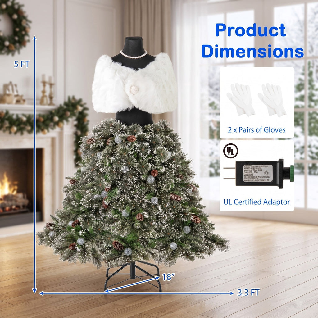 Airfind 5 FT Pre-lit Mannequin Artificial Christmas Tree Hinged Dress Form Xmas Tree with 465 Branch Tips, Green and White
