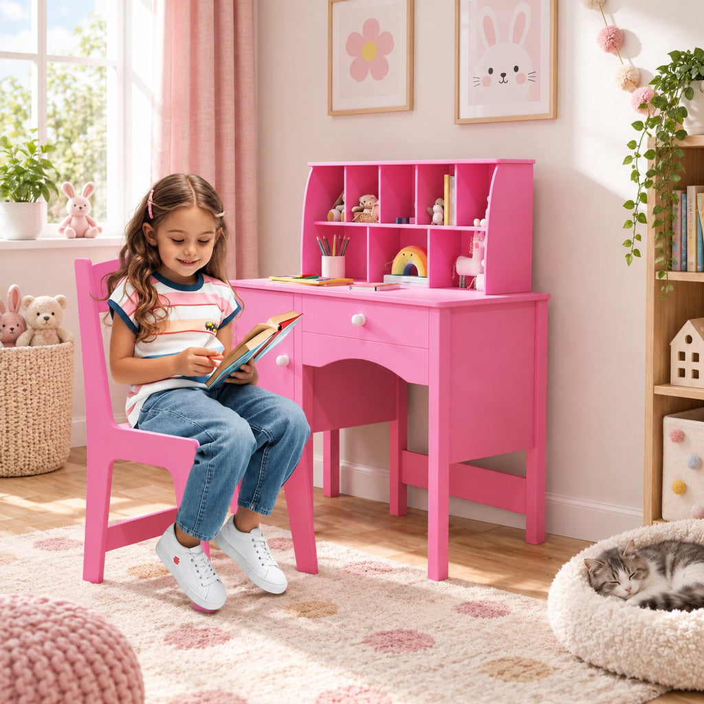 Airfind Kids Study Desk and Chair Set with Chair Hutch and Storage Cabinet for 3+ Years Old, 110 lbs Capacity, MDF Frame, Pink