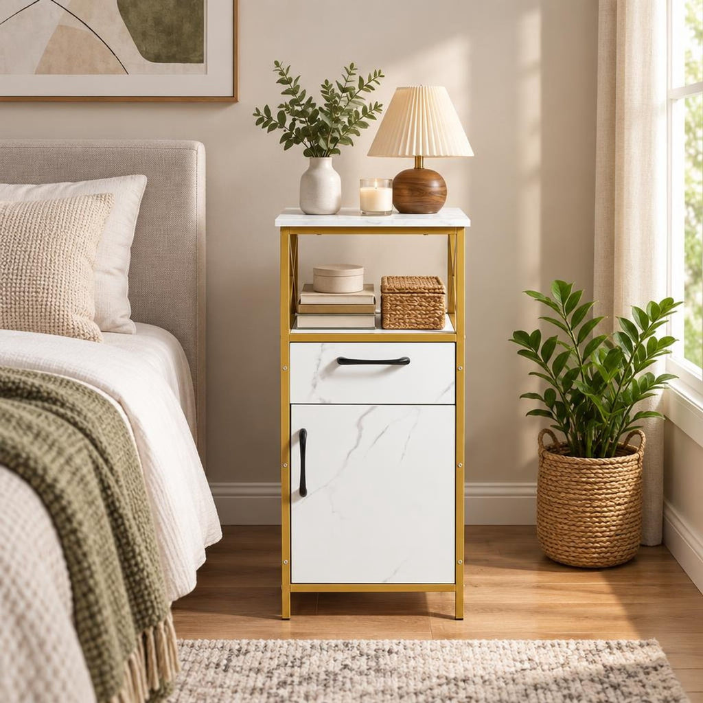 Airfind Bathroom Storage Cabinet with Drawer Single Door and Open Shelf, 44 lbs Capacity, Engineered Wood Metal Frame, 14in x 12in x 31in Footprint