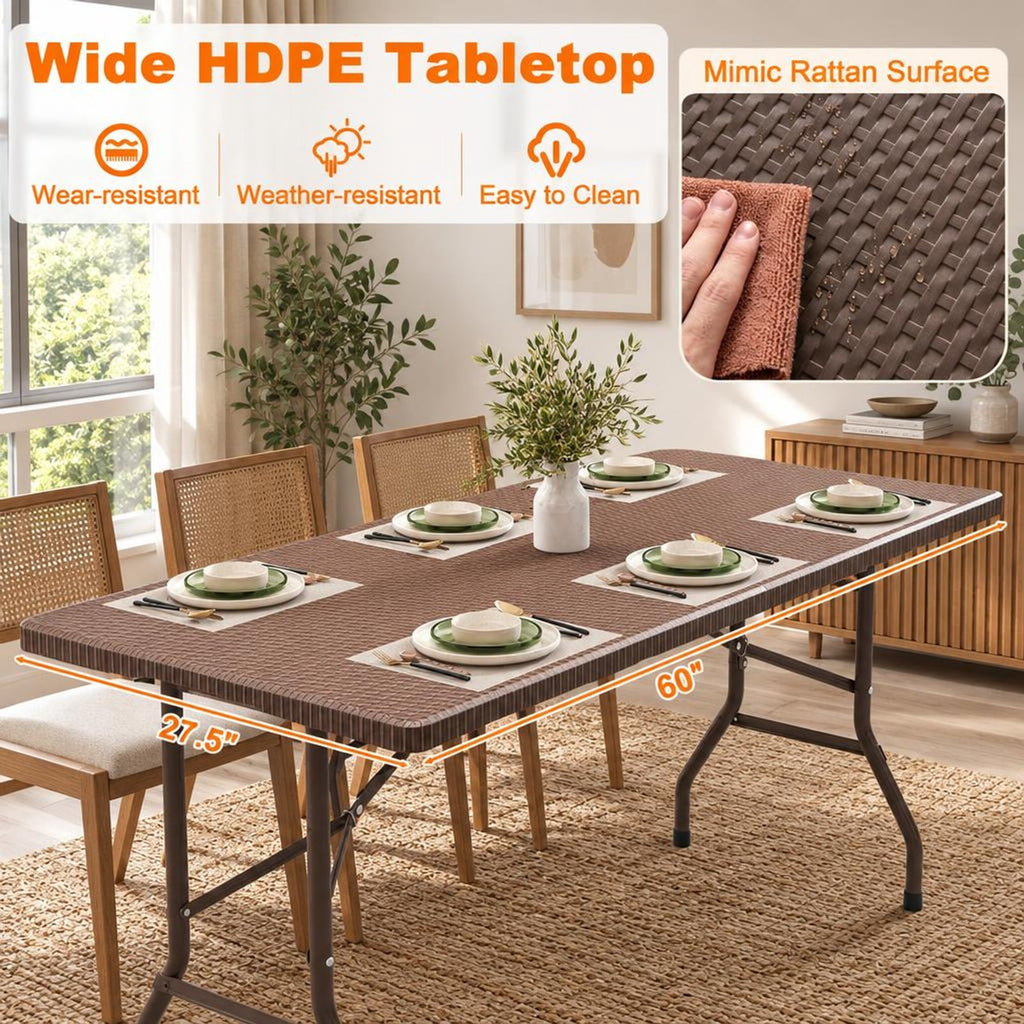 Airfind 5FT Folding Picnic Table with Rattan Grain HDPE Tabletop and Sturdy Metal Fame, 400 lbs Capacity, HDPE Metal Frame, Coffee