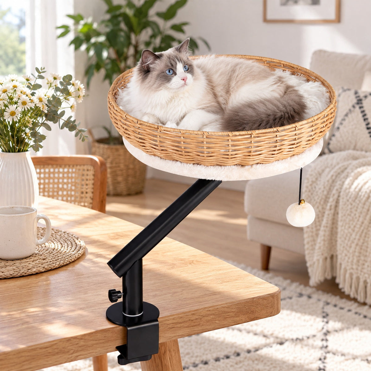 Airfind Cat Desk Bed with Removable Padded Cushion for Indoor Cats, 22 lbs Capacity, PE Rattan Metal MDF Plush Fabric Frame, Natural