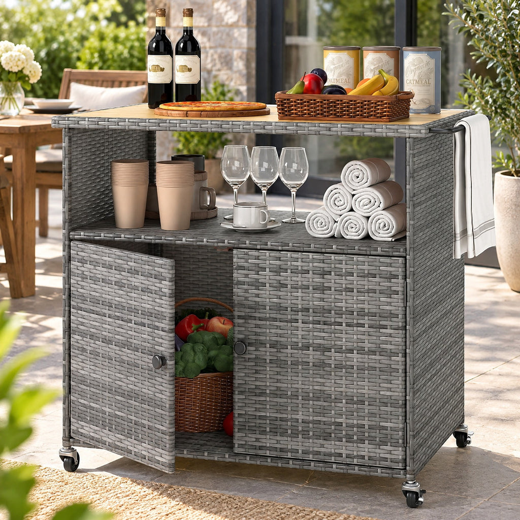 Airfind Outdoor Storage Cabinet with Acacia Wood Top and Lockable Wheels, 180 lbs Capacity, PE Rattan Acacia Wood Metal Frame, Gray