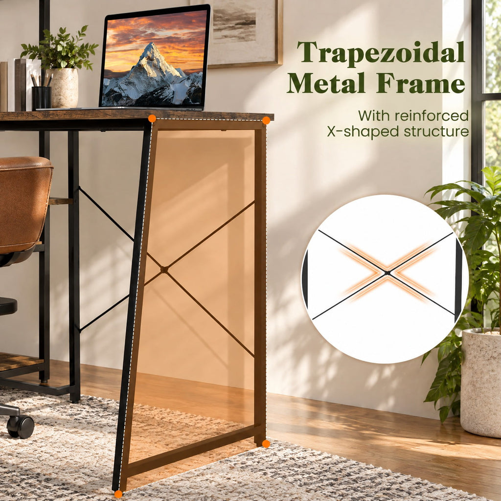 Airfind Computer Desk with Shelves and 3-Tier Storage Bookshelf, Metal Engineered Wood Frame, 39.5 x 20 x 47.5 Footprint, Brown