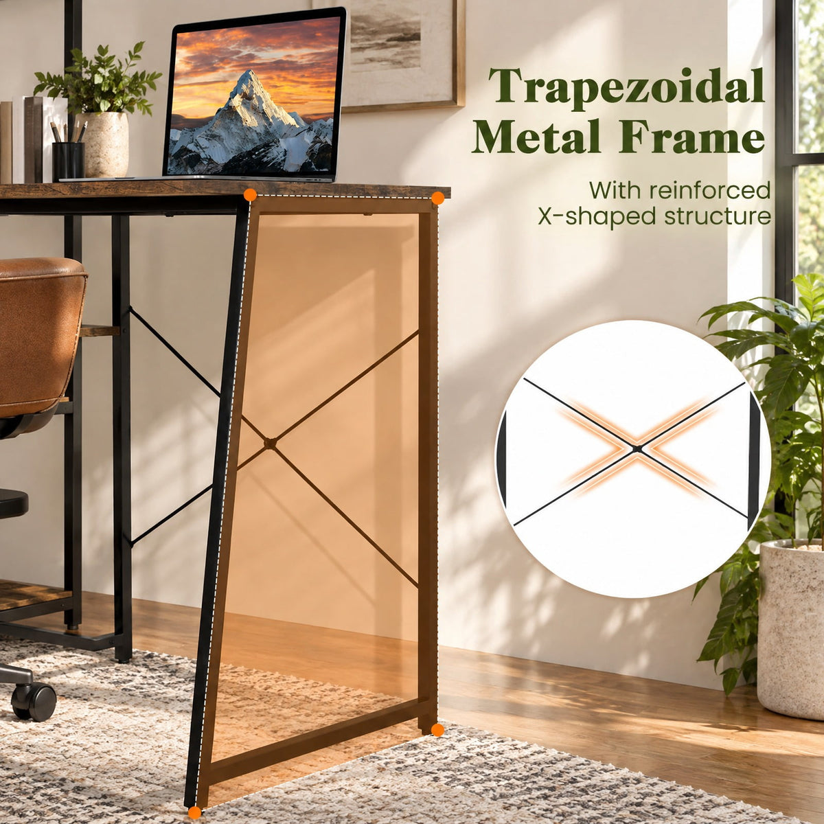 Airfind Computer Desk with Shelves and 3-Tier Storage Bookshelf, Metal Engineered Wood Frame, 39.5 x 20 x 47.5 Footprint, Brown