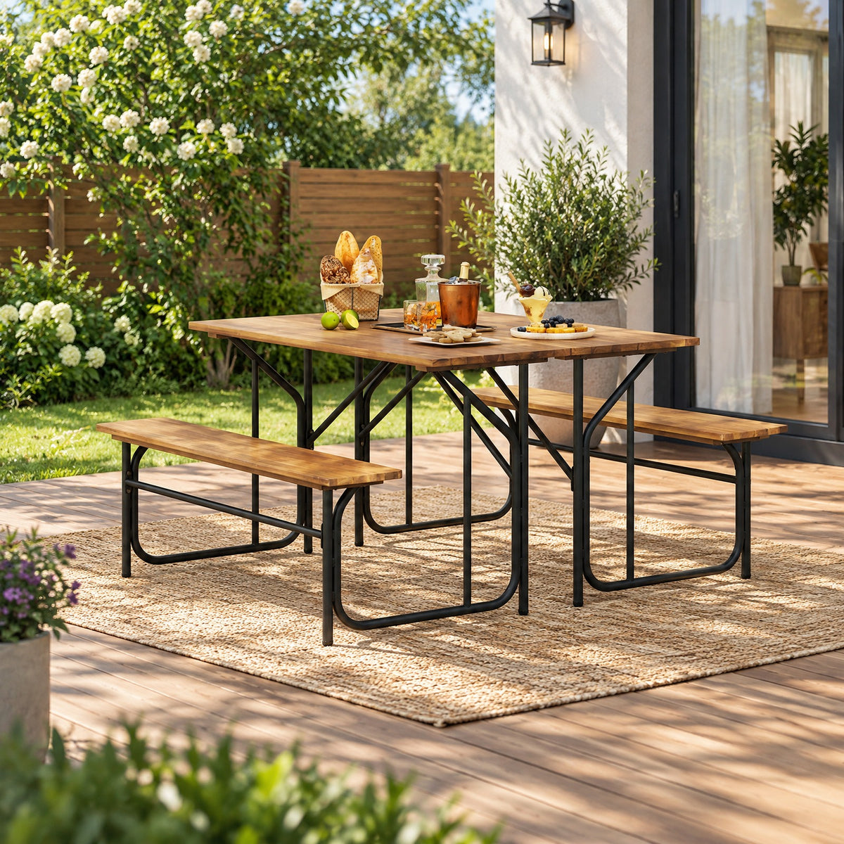 Airfind Acacia Wood Patio Table Bench for 2 People One, 180 lbs Capacity, Acacia Wood Metal Frame, 52 x 32 x 29.5 Footprint, Wood