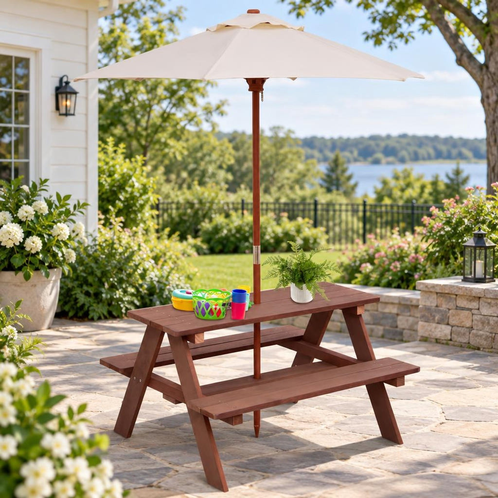 Airfind Outdoor 4-Seat Kids Picnic Table Bench with Umbrella, Fir wood polyester fabric Bench Frame, 28 x 8.5 x 13 /35 x 6.5 x 11 Footprint