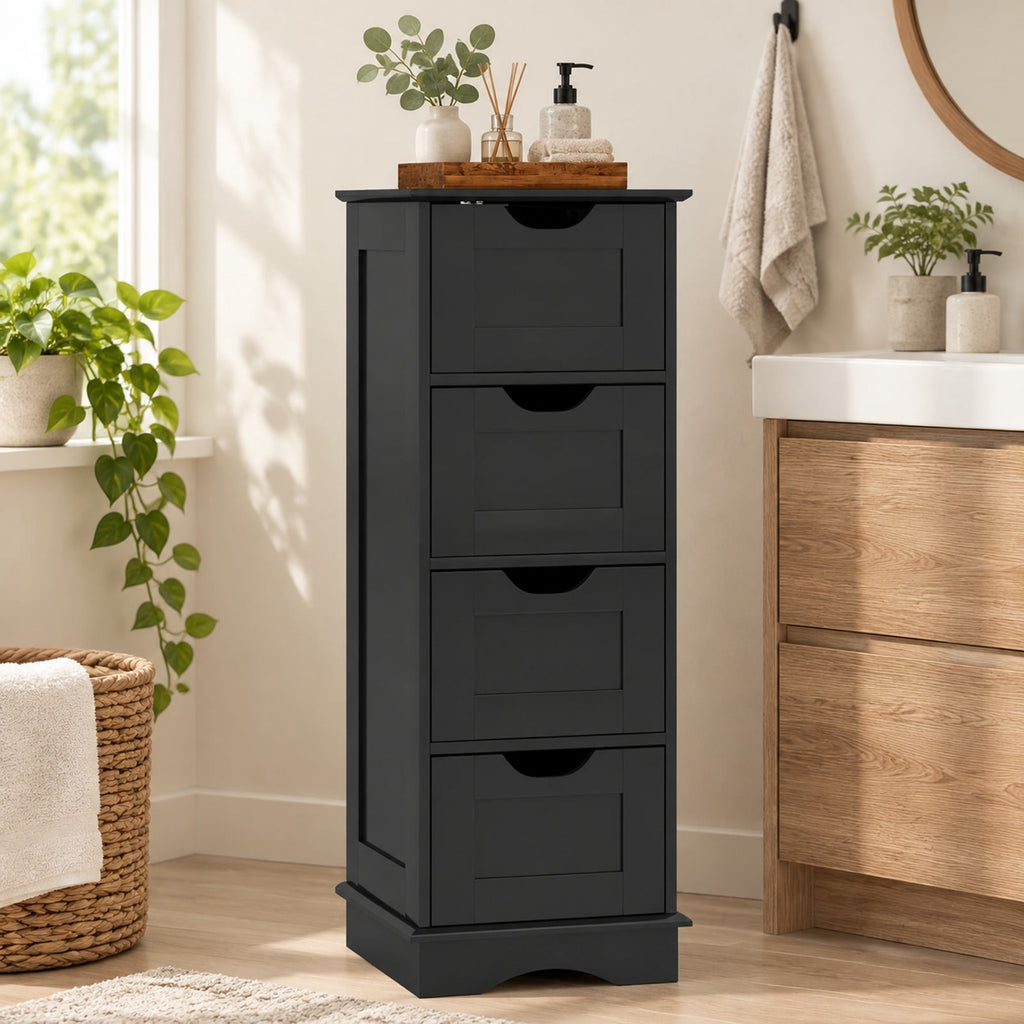 Airfind Bathroom Storage Cabinet featuring Cutout Handles and 4 Drawers, 33 lbs Capacity, MDF Frame, 12 Inch x 12 Inch x 32 Inch Footprint, Black