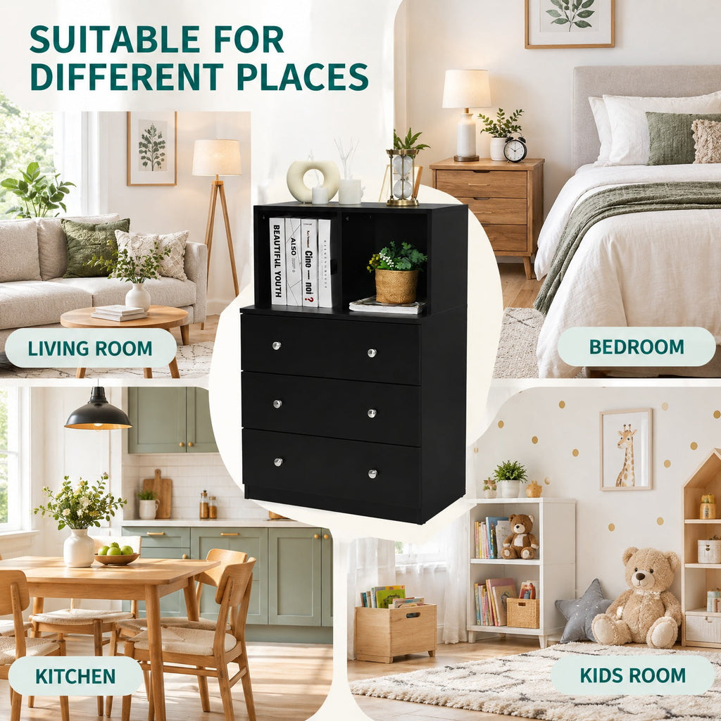 Airfind 3 Drawer Dresser with Cubbies Storage Chest for Bedroom Living Room, Engineered wood metal Frame, 24in x 16in x 37in Footprint, Black