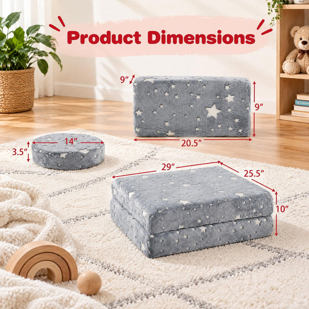 Airfind Modular Youth Play Couch Set Glow in the Dark with Portable Handles, Flannel Fabric Sponge, for 3 and Years Old, Gray