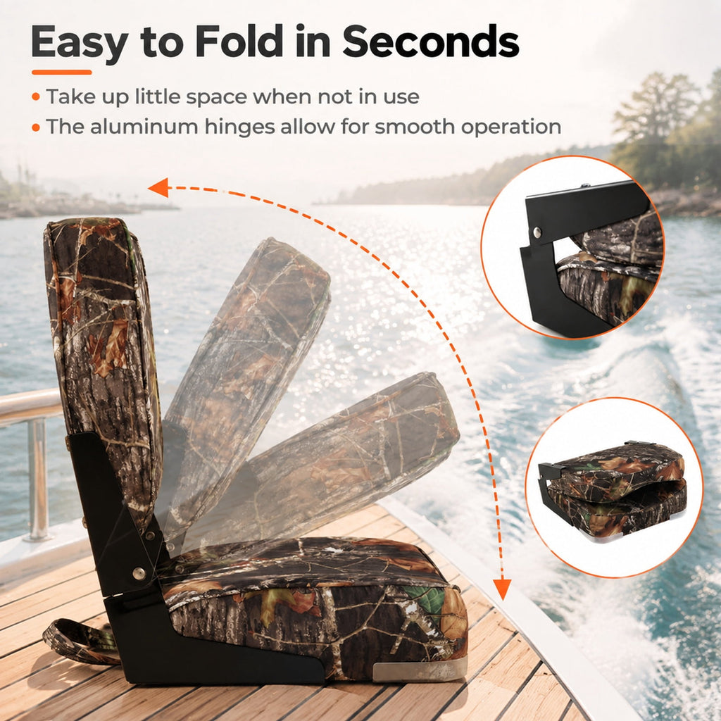 Airfind 2 Pack Folding Low Back Boat Seats with Cushioned PVC Leather and Aluminum Hinges for Fishing Boats and Marine Cabin Seating, Camouflage