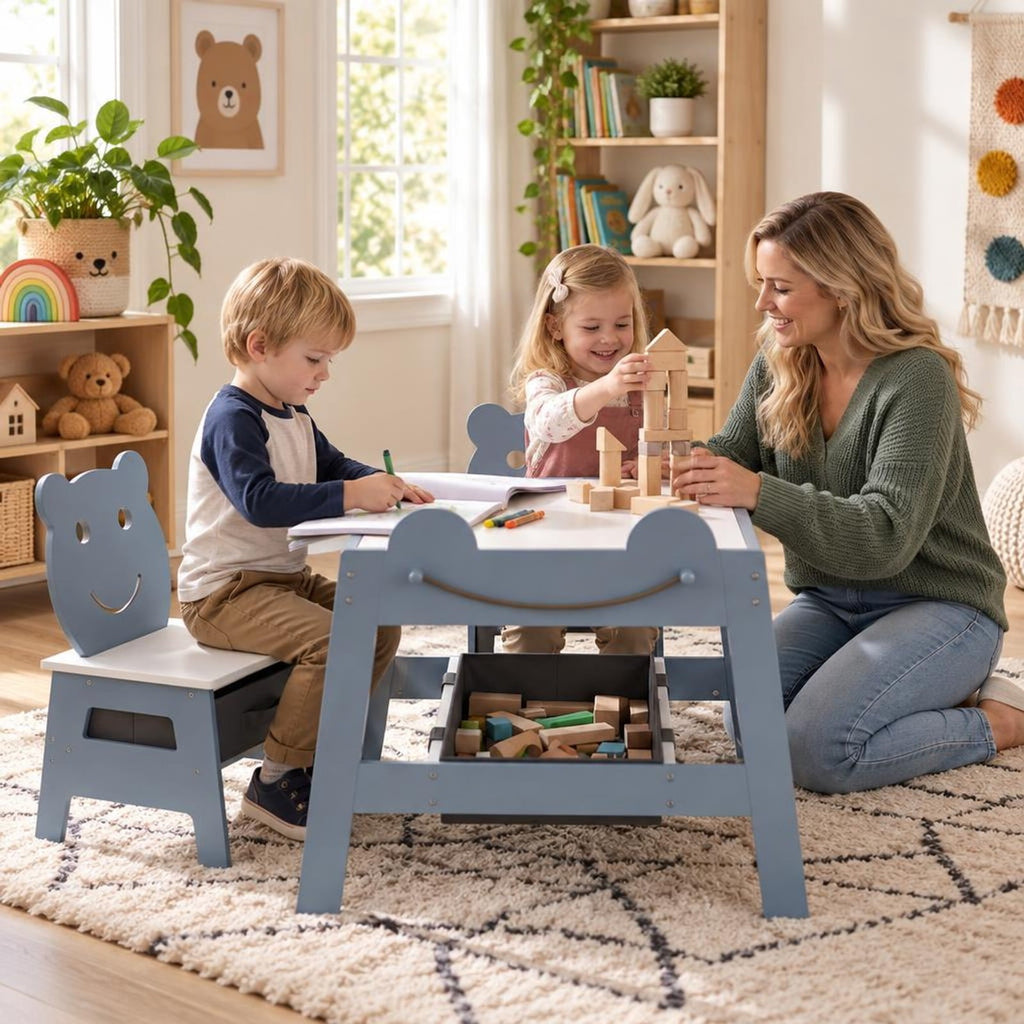 Airfind 5-in-1 Toddler Table and 2 Chairs Cute Art Desk Set with Reversible Chalkboard Whiteboard, 110 lbs Capacity, MDF Non-woven Fabric Frame