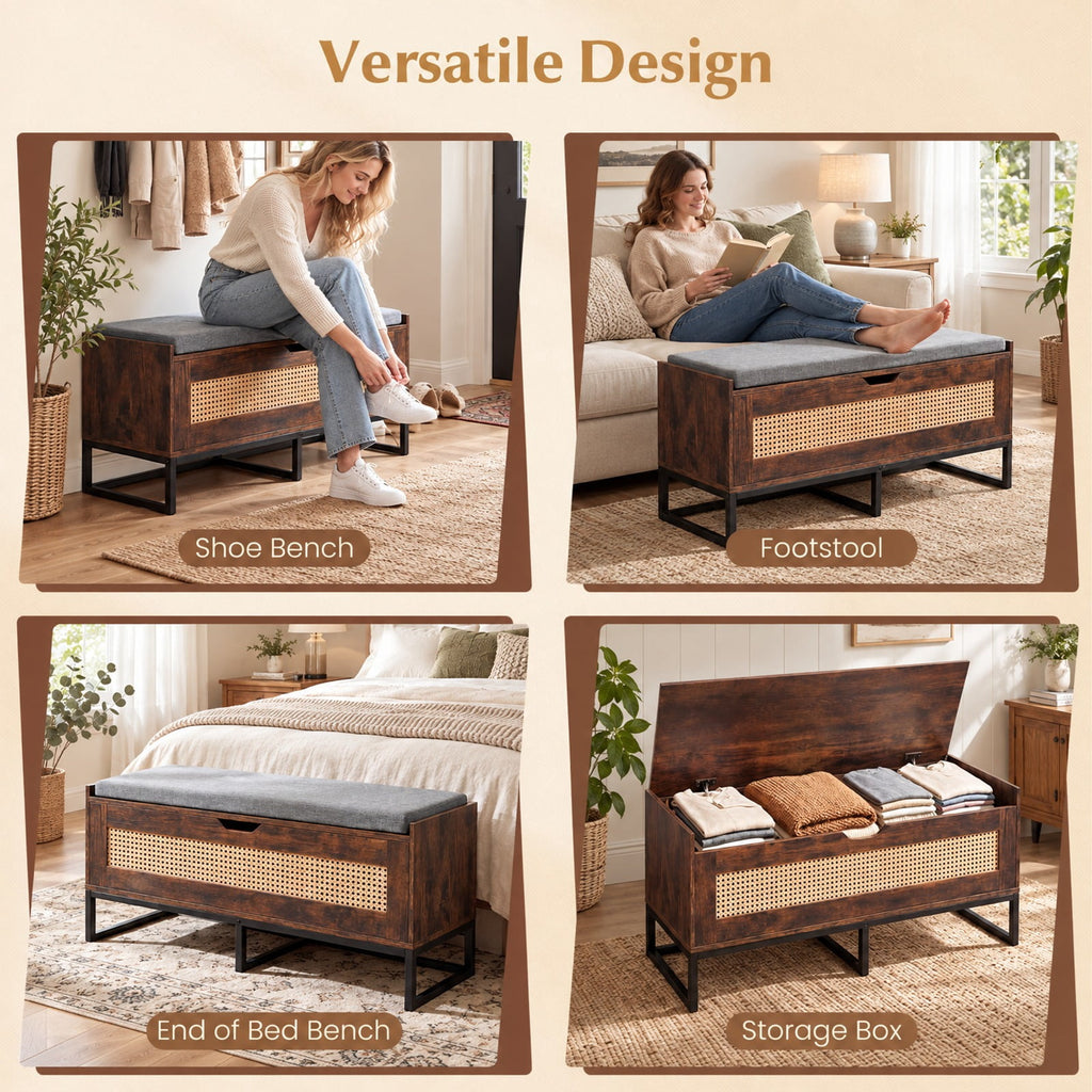 Airfind 39.5in Rattan Storage Chest Wicker Shoe Bench with Padded Seat Flip-Top, 440 lbs Capacity, Engineered Wood PE Rattan Metal Frame, Brown