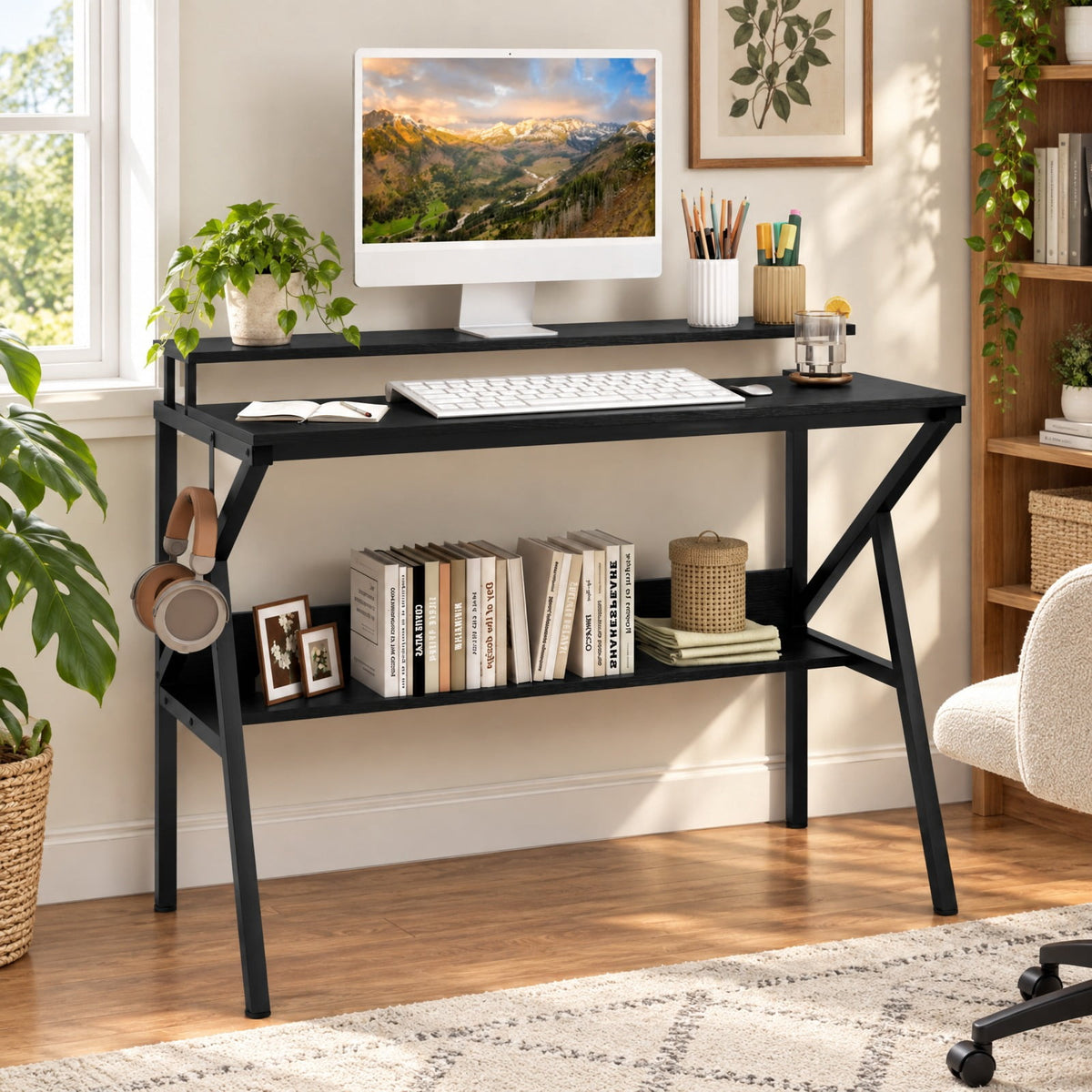 Airfind Space Saving Computer Desk with Monitor Stand and Extra Storage Shelf for Work Study, 200 lbs Capacity, Engineered Wood Metal Frame, Black