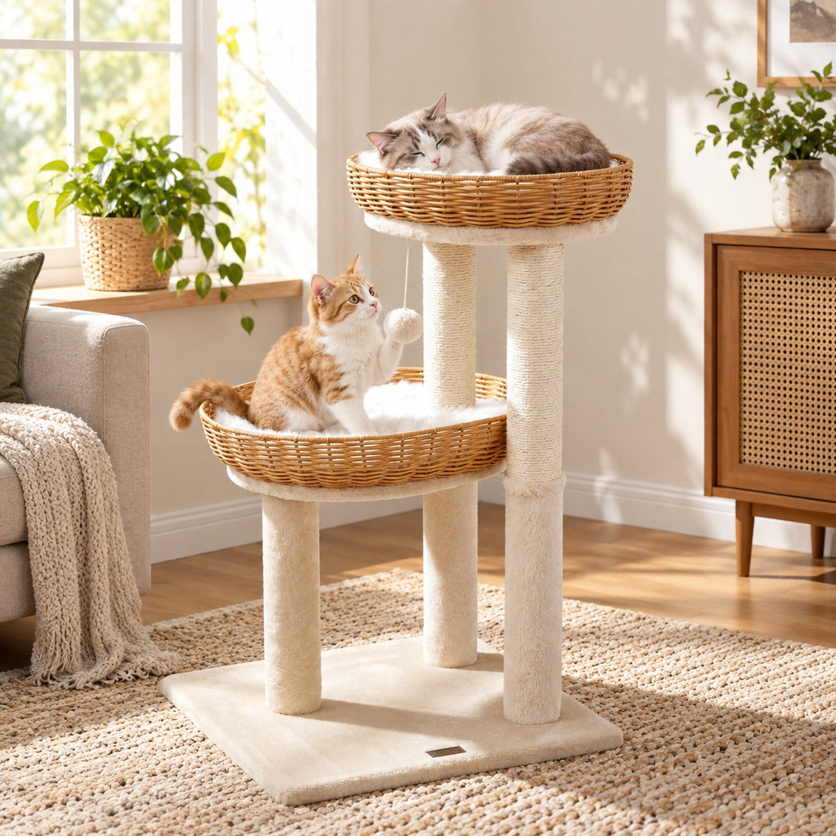 Airfind 30-Inch Cat Tower with 2 Rattan Cat Baskets for Indoor Kittens, 33 lbs Capacity, Engineered Wood Metal Sisal PE Rattan Fabric Frame, Beige