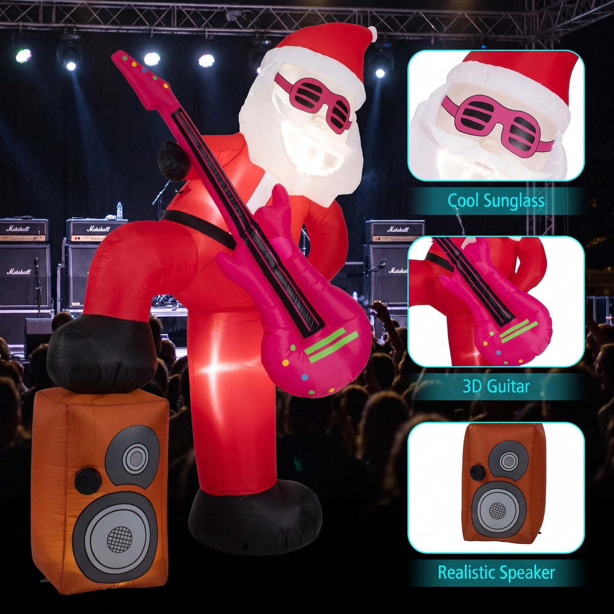 Airfind 8.4 ft Inflatable Santa Claus with Sound, 5ft x 4.6ft x 8.4ftNet Weight 4 lbs Footprint, Multi-colorMaterial Polyester FabricProduct