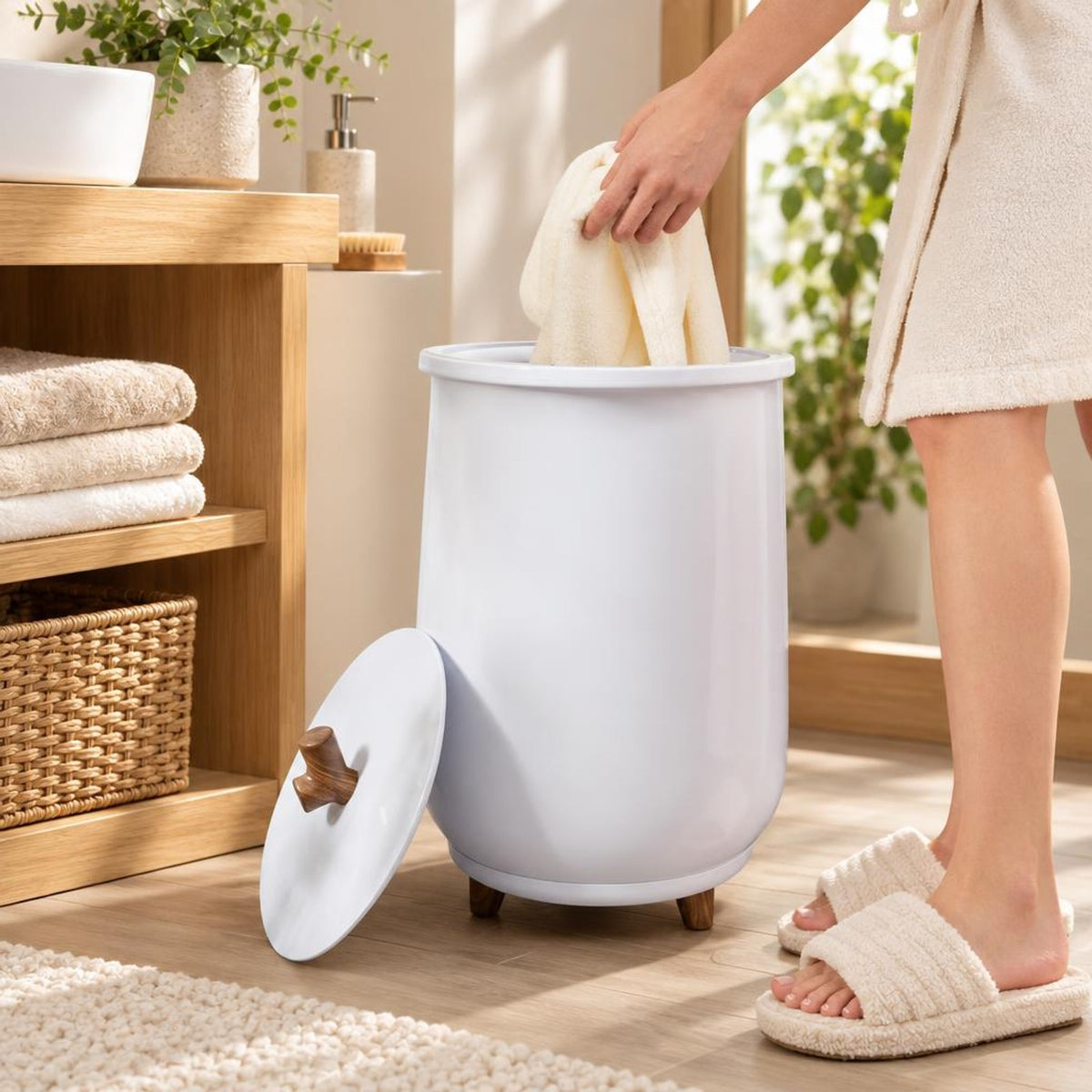 Airfind 23L Large Luxury Bucket-Style Towel Warmer with Fragrant Disc Holder, Plastic Frame, 13.5in x 21in (Dia. x H) Rated Footprint, White