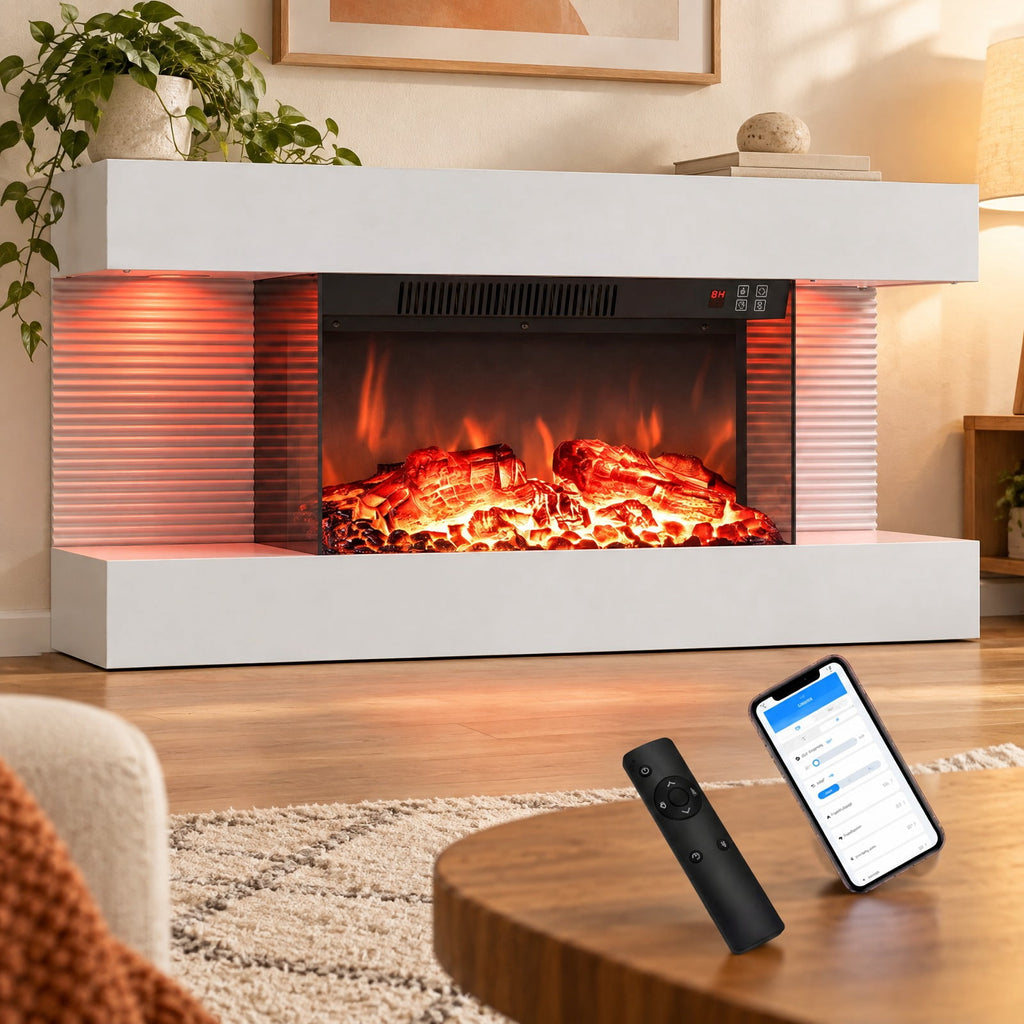 Airfind 3-Sided White Wall Mount Electric WiFi Fireplace with Floating Mantel and 12 Flame Ambient Colors-32 inch, Metal Tempered Glass Frame, White