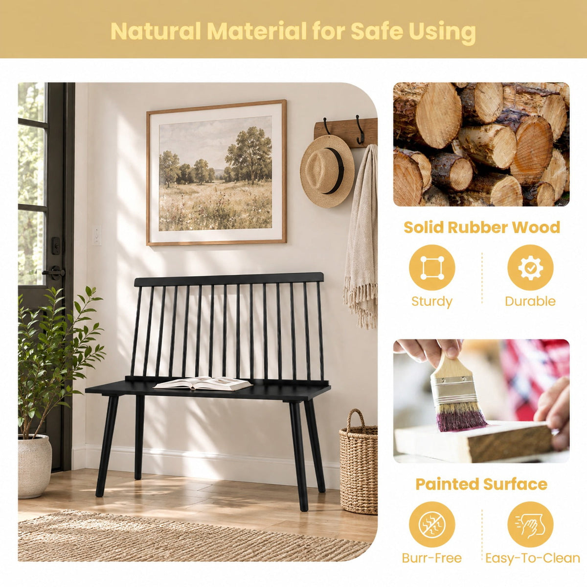 Airfind Entryway Bench, for 2 with Spindle Back for Kitchen Dining Room Hallway, 440 lbs Capacity, Rubber Wood Frame, 39 Inch x 18.5 Inch x 36.5 Inch, Black