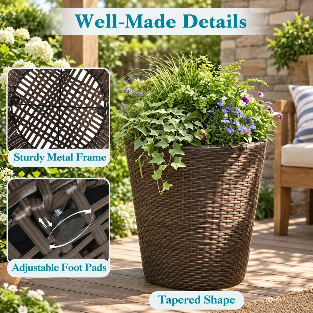 Airfind Set of 2 Plastic Taper Rattan Planters with Drainage Holes and Saucers, PP Frame, 15 x 15 x 15 Footprint, Brown