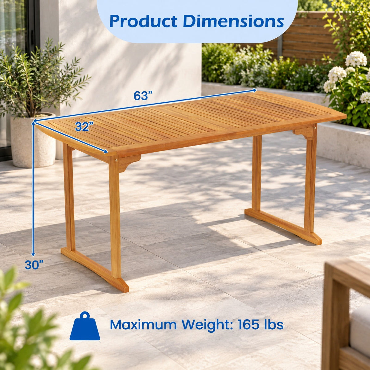 Airfind 63 inch Outdoor Dining Table with Umbrella Hole and Slatted Tabletop, 165 lbs Capacity, Acacia Wood Frame, 63 x 32 x 30 Footprint