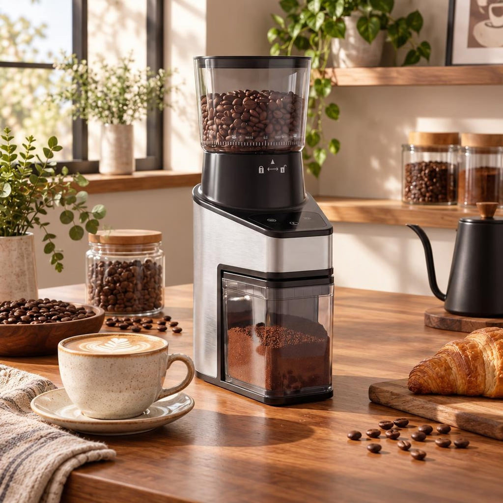 Airfind Conical Burr Coffee Grinder with 60 Precise Grinding Settings and Digital Display, Stainless Steel Aluminum Copper AS ABS Frame, Silver