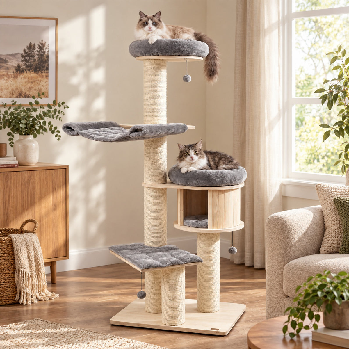 Airfind 4-Layer 68.5-Inch Wooden Cat Tree Condo Activity Tower with Sisal Posts, 33 lbs Capacity, Pine wood birch wood sisal plush Frame, Gray
