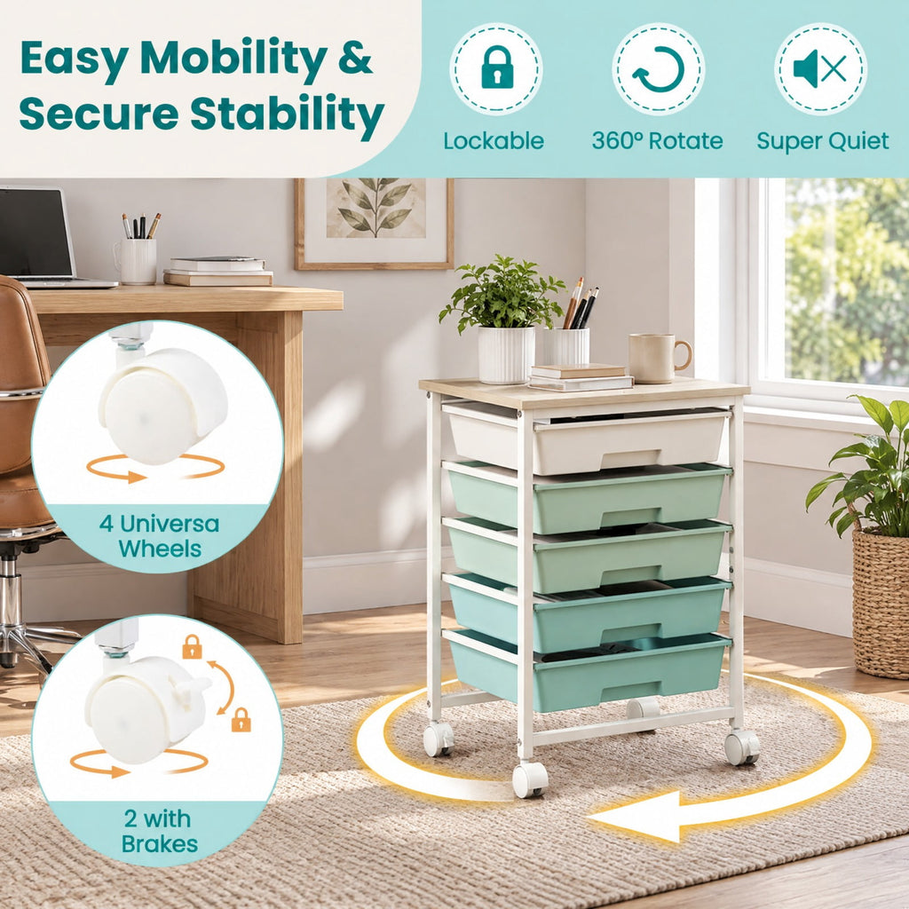 Airfind 5-Drawer Rolling Cart with Wooden Tabletop and Metal for Craft Room, 33 lbs Capacity, Metal PP Engineered Wood, Green
