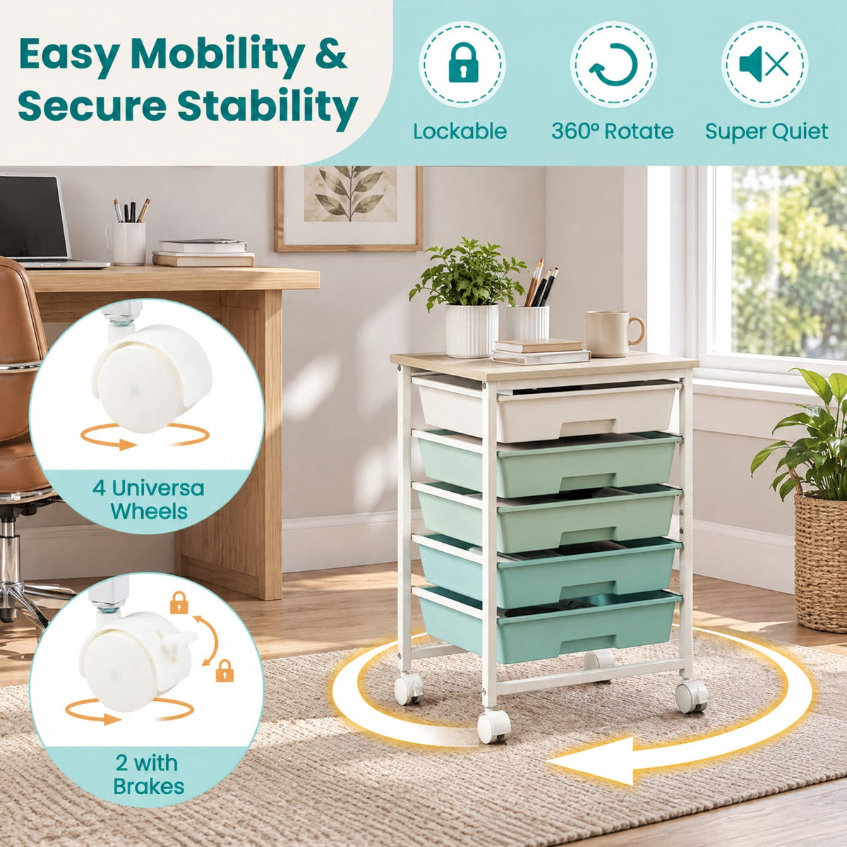 Airfind 5-Drawer Rolling Cart with Wooden Tabletop and Metal for Craft Room, 33 lbs Capacity, Metal PP Engineered Wood, Green