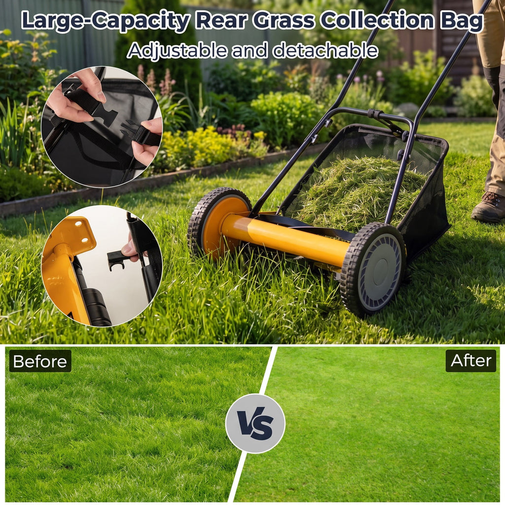 Airfind 16 Inch Push Lawn Mower with 5 Steel Blades and Grass Catcher Bag, Manganese Steel Metal PVC PP Frame, Orange