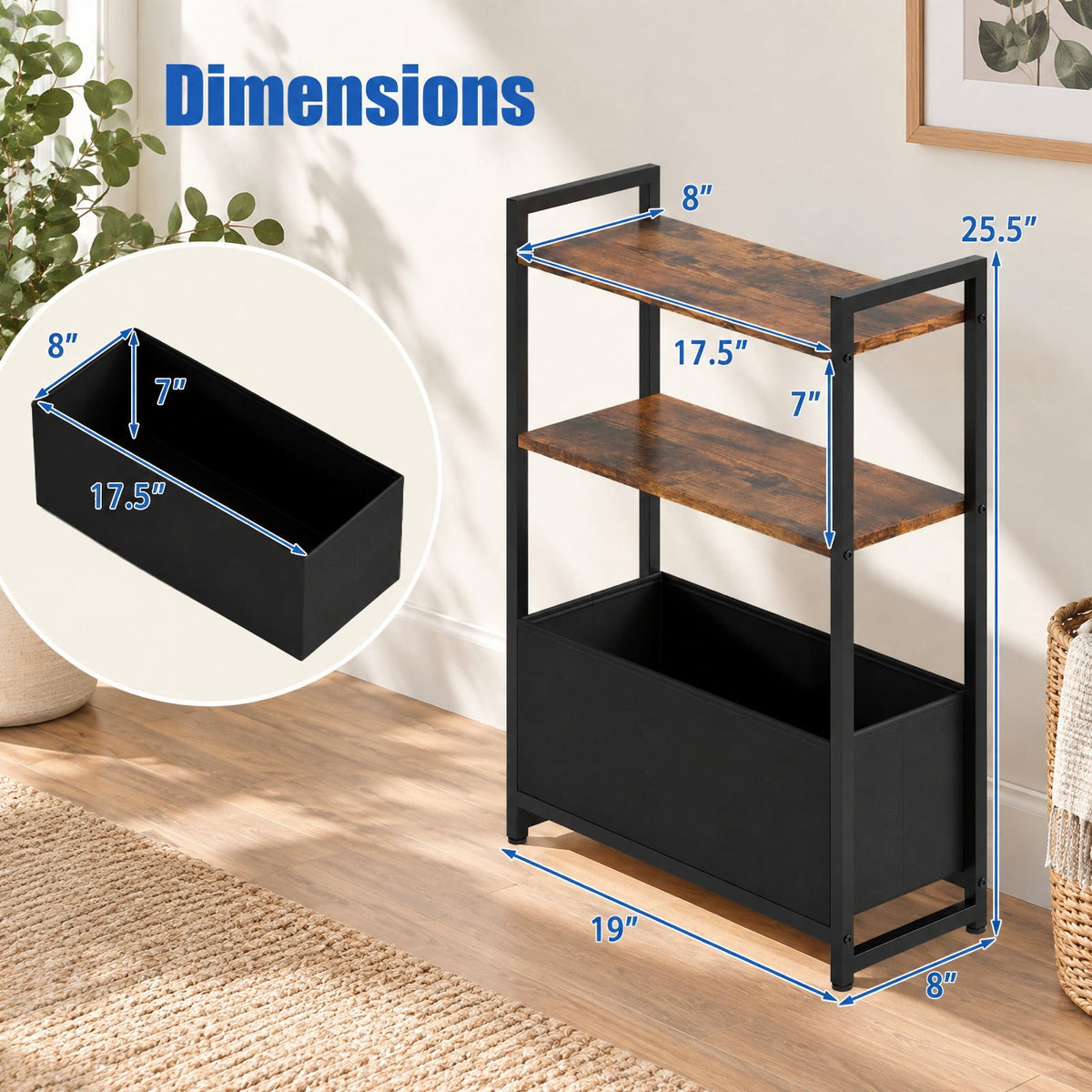 Airfind Narrow End Table with Storage Shelves and Metal Frame, 25 lbs Capacity, Engineered Wood Metal Fabric Frame, 19 x 8 x 25.5 Footprint