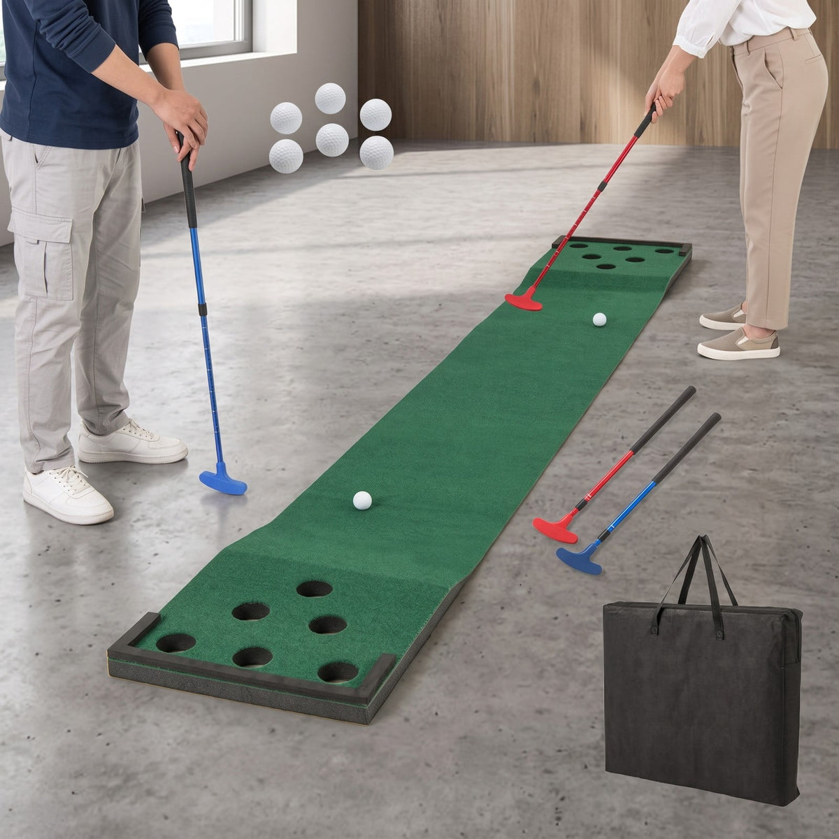 Airfind 11 FT Indoor Outdoor Golf Putting Green Mat Set with 2 Adjustable Putters and 6 Balls, Carry Bag Included, Green