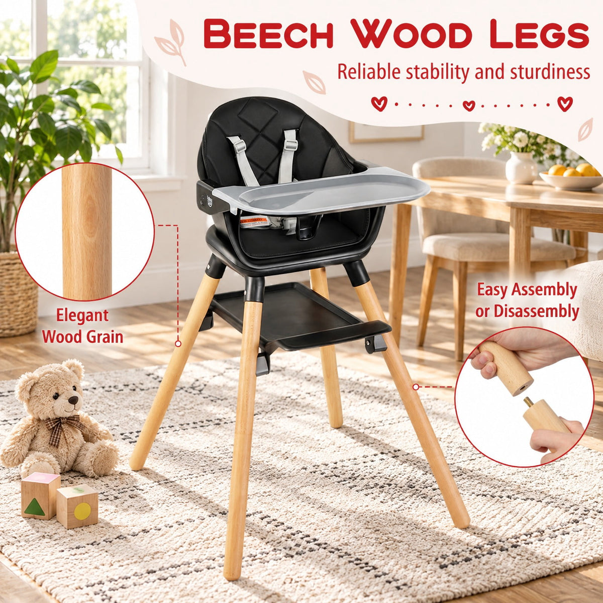 Airfind 6 in 1 Convertible Highchair with Safety Harness and Removable Tray, PP PU Beech Frame, 24.5 x 23 x 35.5 Footprint, Black