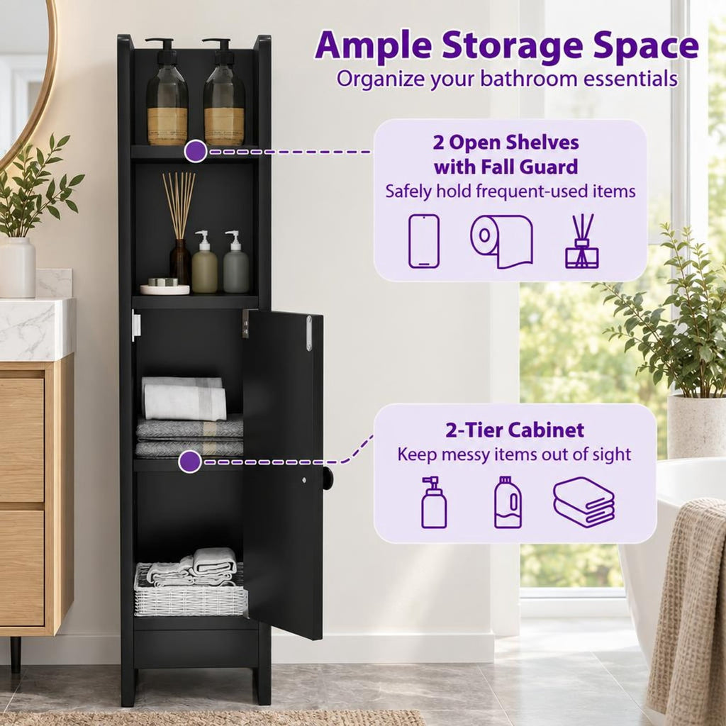 Airfind Bathroom Slim Cabinet Corner with Door and Adjustable Shelf, 44 lbs Capacity, Engineered Wood Frame, Black