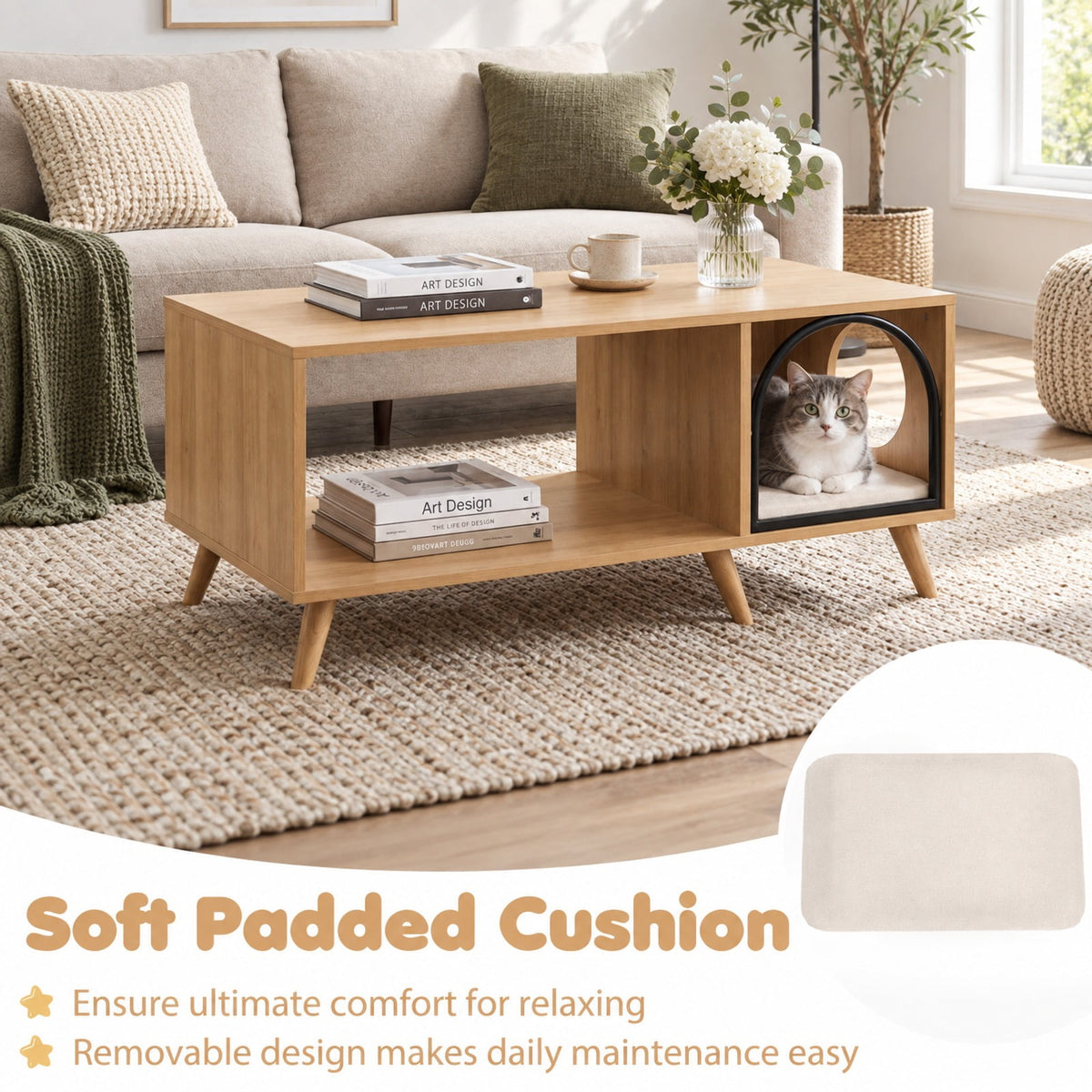 Airfind 40 Inch Coffee Table Cat House 2-in-1 Wooden Kitten Furniture with Open Storage Shelf, 88 lbs Capacity, 40 x 20 x 18 Footprint, Natural