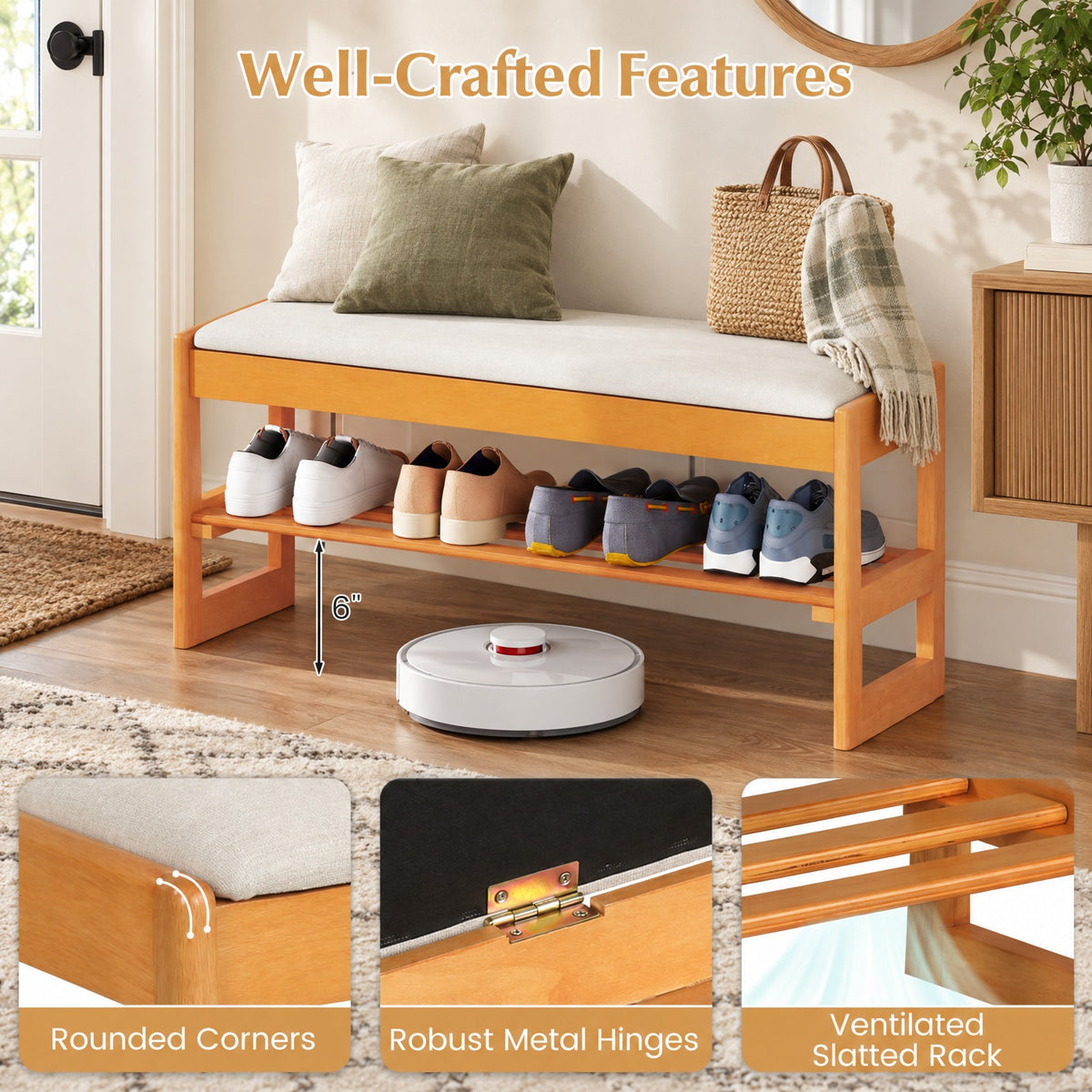 Airfind Shoe Rack Bench with Storage 2-Tier Rubberwood Entryway Bench with Flip-Open Storage, 400 lbs Capacity, 40in x 13.5in x 17in Footprint, Beige