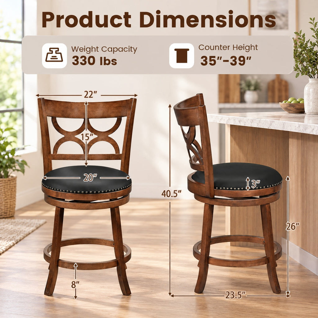 Airfind Swivel Bar Stools Set of 2 with High Backrest and Wood Frame-24 Inches, 330 lbs Capacity, Rubber Wood PVC Leather Sponge Frame, Expresso