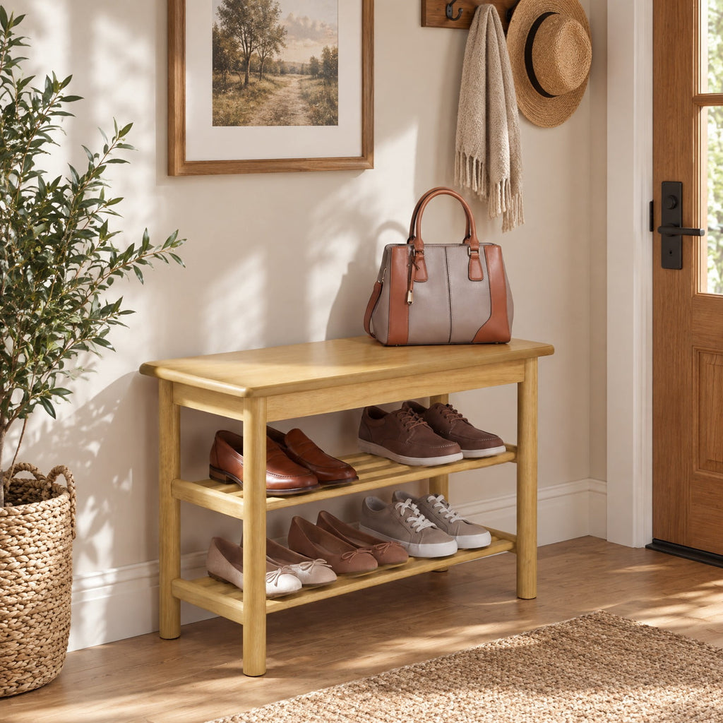 Airfind Shoe Rack Bench 3-Tier Rubberwood Shoe Changing Bench, 485 lbs Capacity, Rubberwood MDF Frame, 24 Inch x 12 Inch x 17 Inch Footprint, Natural