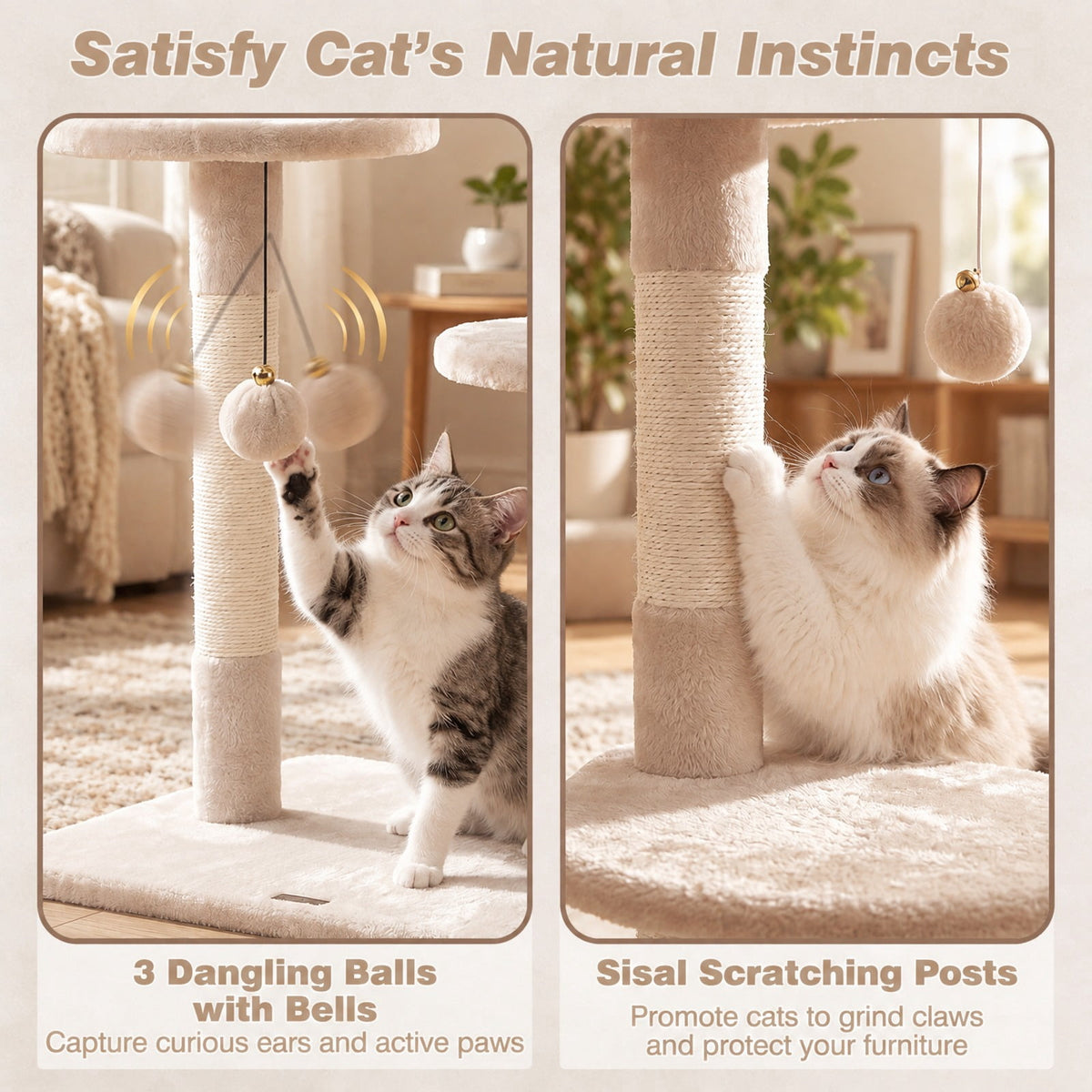 Airfind 6-tier Floor to Ceiling Cat Tree with Plush Bed and Sisal Scratching Posts, 33 kg Capacity, Plywood Plush Metal Sisal Rope Frame, Beige