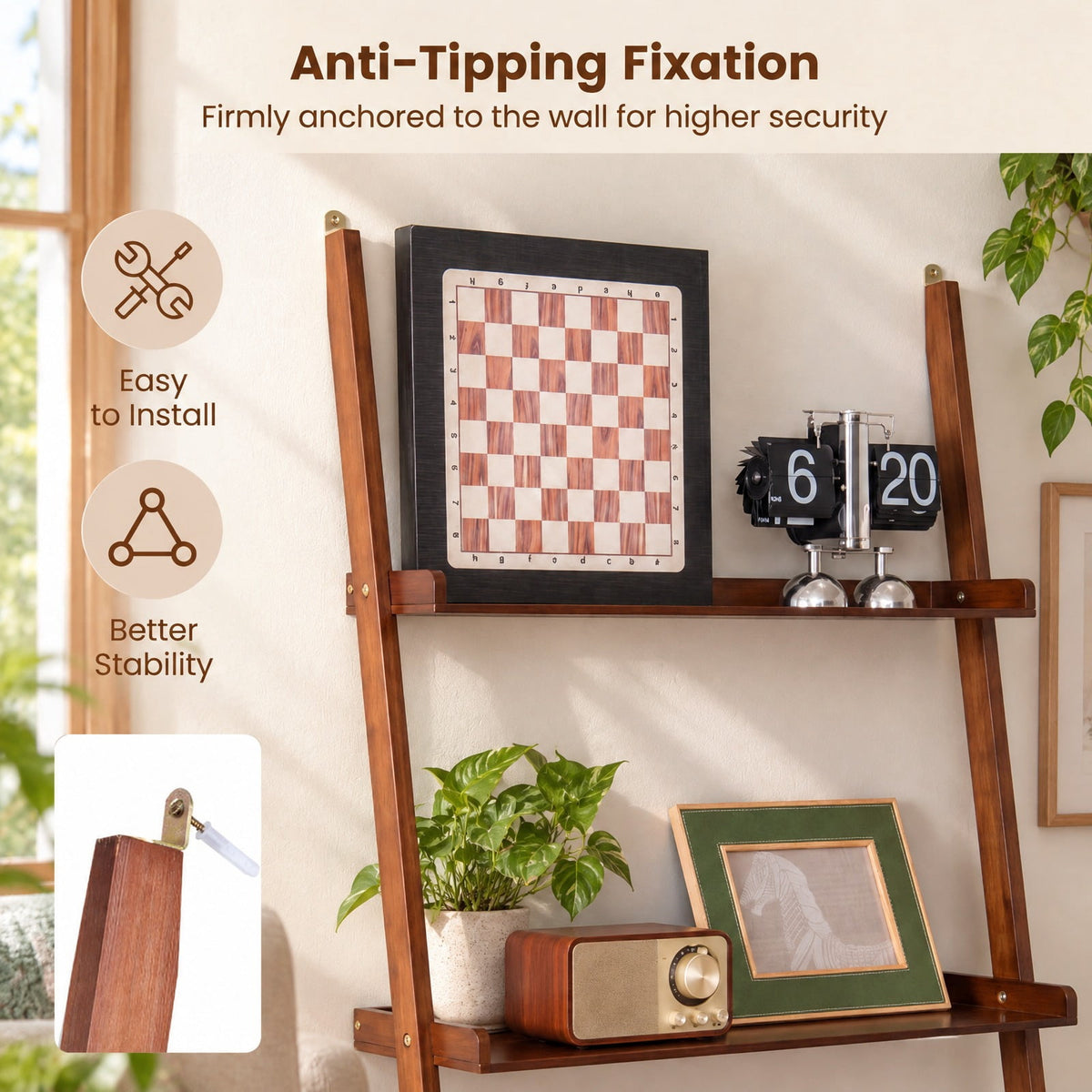 Airfind 5-Tier Ladder Shelf Bamboo Bookshelf Wall-Leaning Storage Display Plant Stand, Bamboo Frame, Walnut
