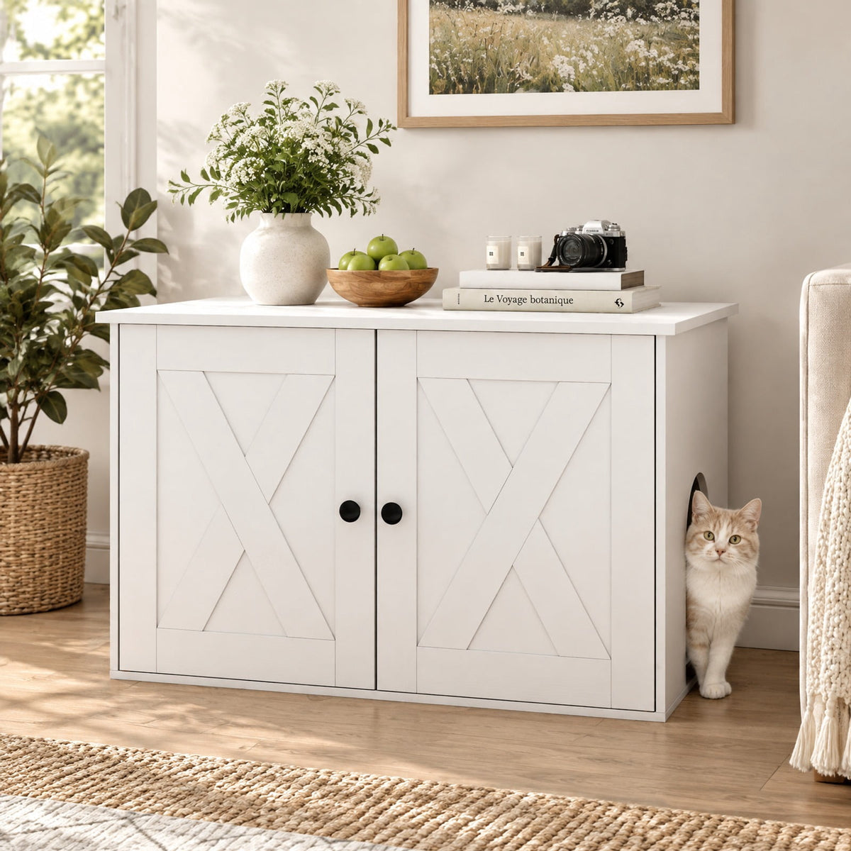 Airfind Hidden Cat Litter Box Enclosure Furniture with Divider, White, Large tabletop for plants decorations or storage, for Everyday Home Use