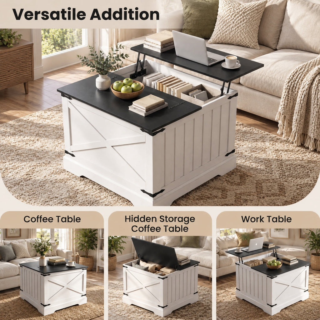 Airfind Farmhouse Lift Top Coffee Table with Hidden Storage Compartment, 132 lbs Tabletop Capacity, Engineered Wood MDF Metal Frame, Black