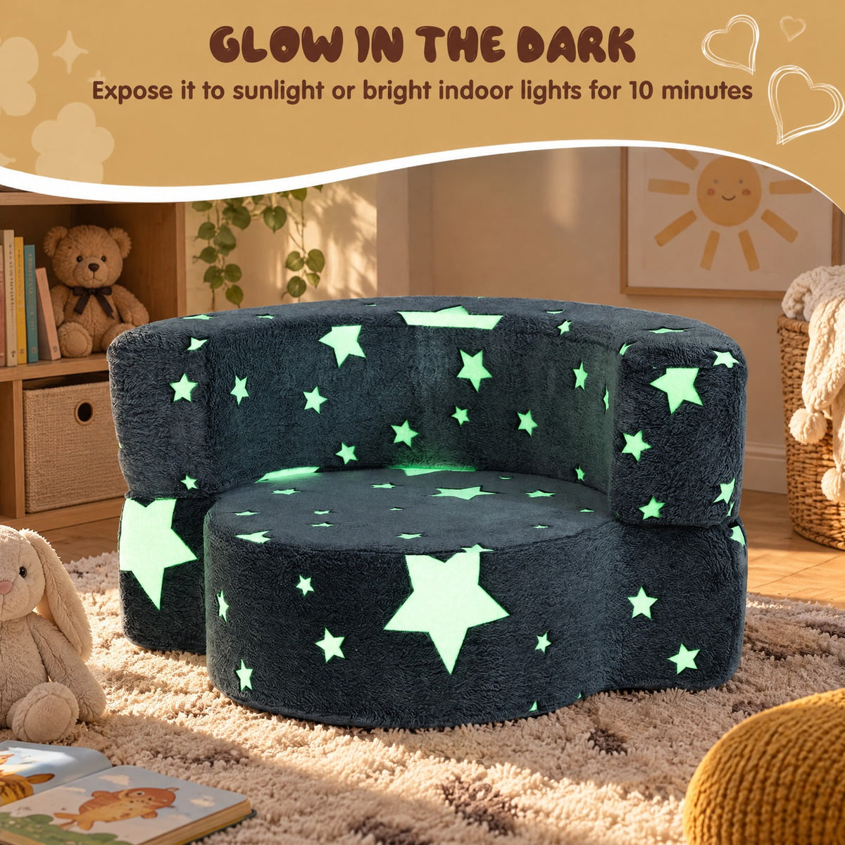 Airfind 2-in-1 Convertible Glow in the Dark Kids Sofa with Removable Washable Cover, Flannel Fabric Sponge Frame, for 3+ Years Old, Gray