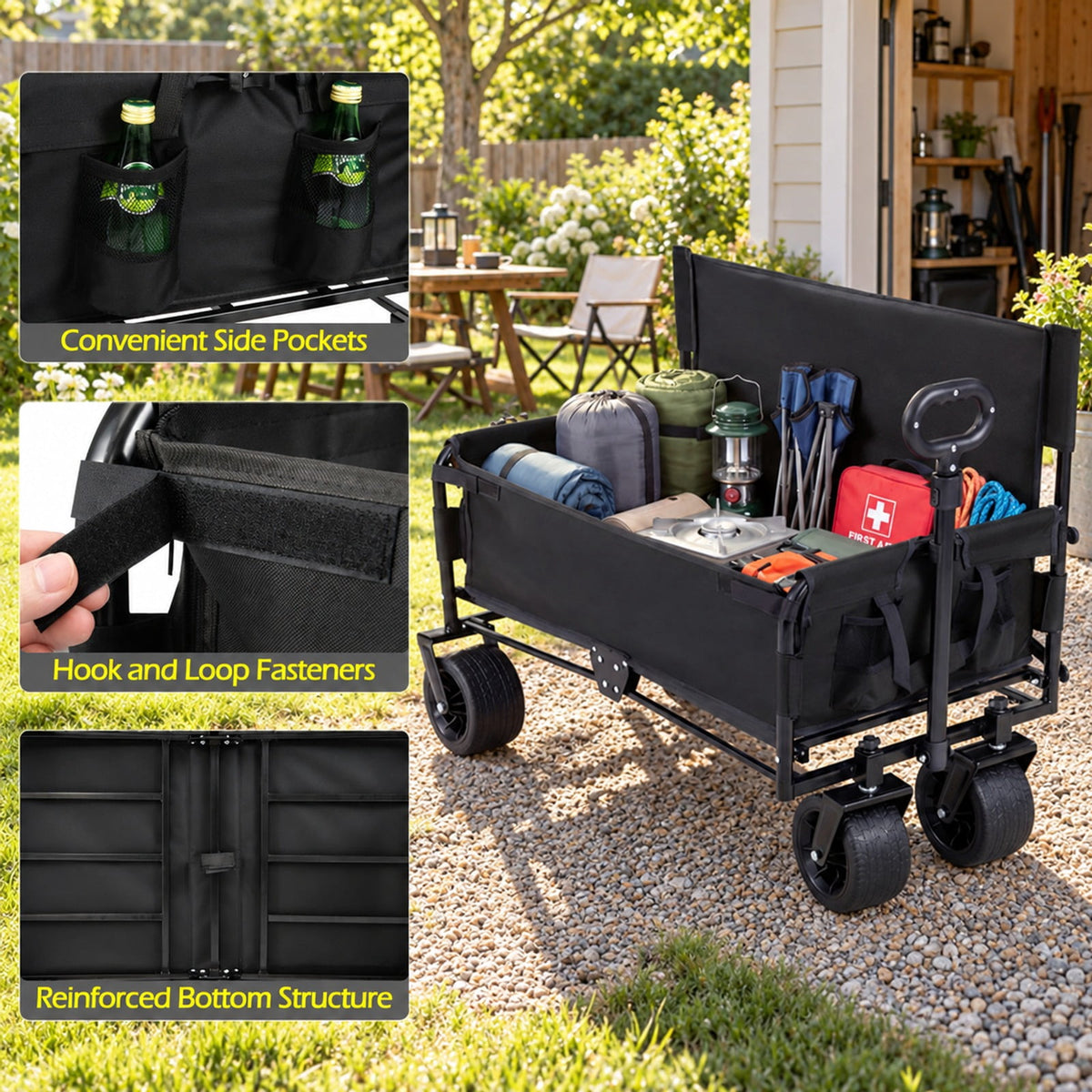 AIRFIND Collapsible Utility Wagon with 2-in-1 Bench Seat Design and 176 Lb Capacity for Beach, Camping and Outdoor Trips, Black
