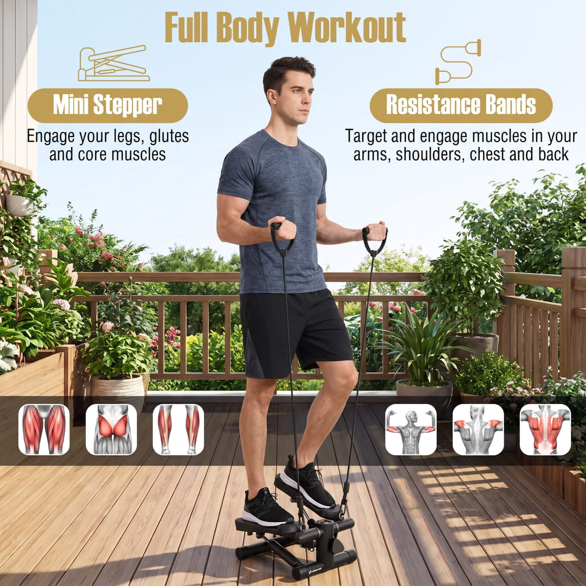 Airfind Mini Stepper Machine with Resistance Bands and Adjustable Height for Home Cardio Leg and Full Body Exercise, Black