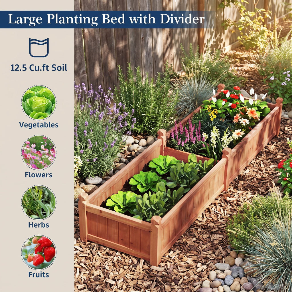 Airfind 91 x 24 x 16 Inch Divisible Planter Box with Corner Drainage and Non-woven Liner for Growing Vegetables, Fir Wood Frame, Brown