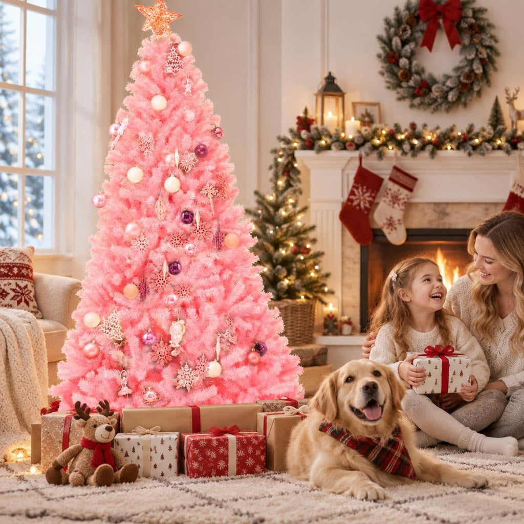 Airfind 7.5 Feet Hinged Artificial Christmas Tree Full Fir Tree, New PVC metal Length:7.5 ft Width:4.3 ft Frame, Pink