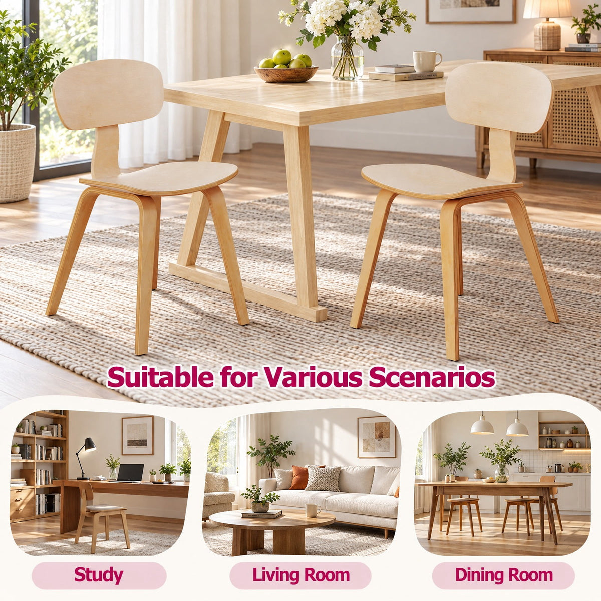 Airfind Modern Dining Chair Set of 4 with Wide Seat, 330 lbs Capacity, Bentwood Rubber Wood Frame, 17 x 20.5 x 31.5 Footprint, Natural