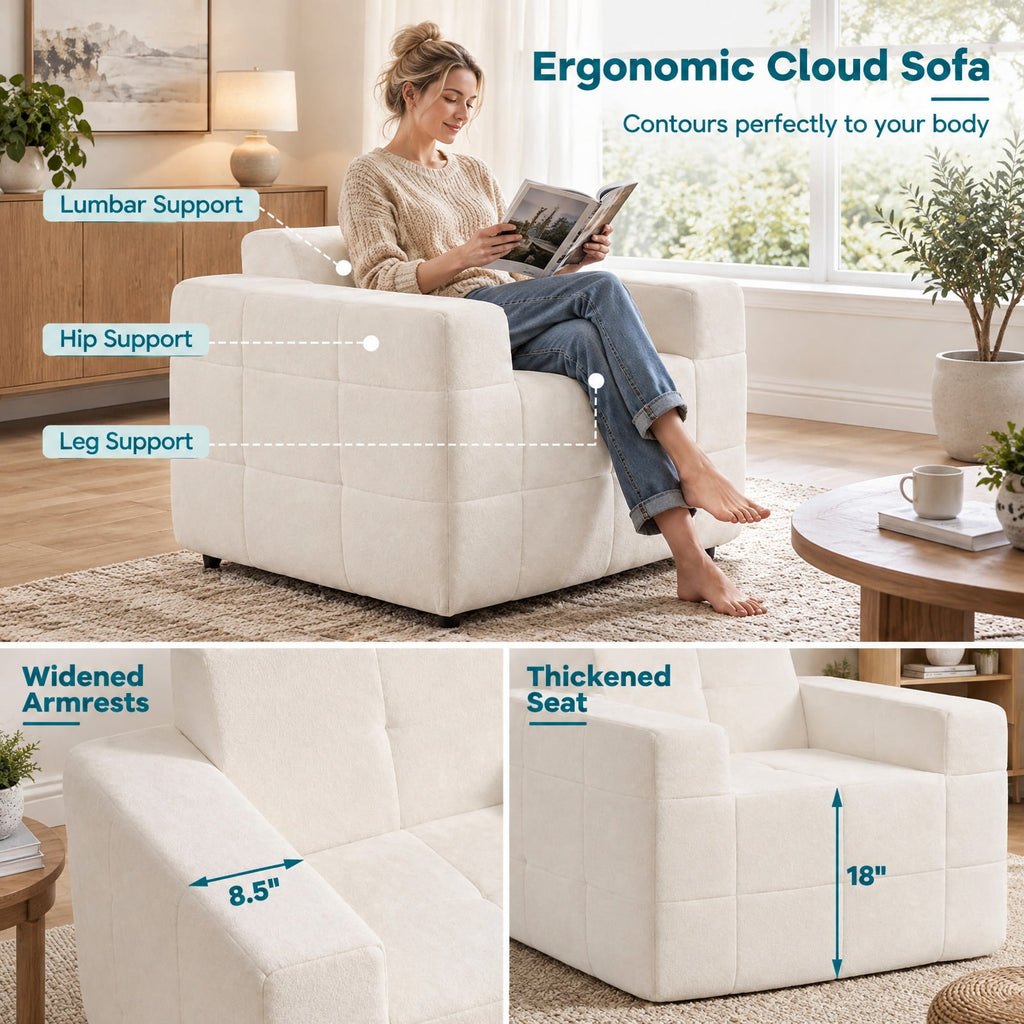 Airfind Boneless Single Sofa Chair Cloud Sofa with Terry Cloth Upholstery, 352 lbs Capacity, Terry Cloth Sponge Frame, Beige