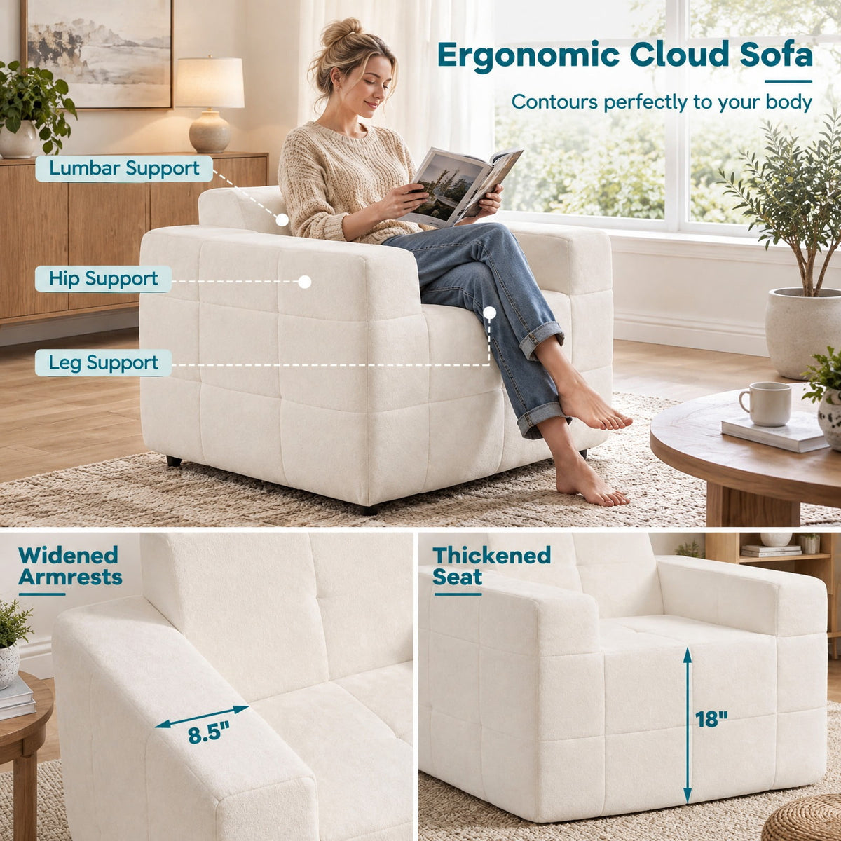 Airfind Boneless Single Sofa Chair Cloud Sofa with Terry Cloth Upholstery, 352 lbs Capacity, Terry Cloth Sponge Frame, Beige